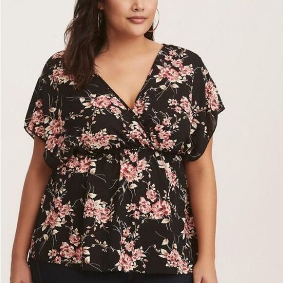 Torrid Deep V-Neck Floral Faux Wrap Georgette Tunic Top - Picture 1 of 7